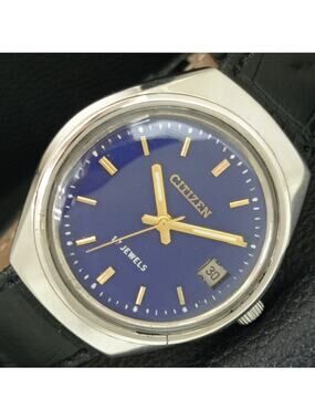 Vintage 1987 Citizen Manual Wound Mens Silver Watch W/Date & Blue accents